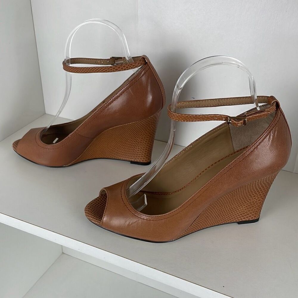 Ann Taylor Leather Mary Jane Open Toe Wedges 7 Cognac